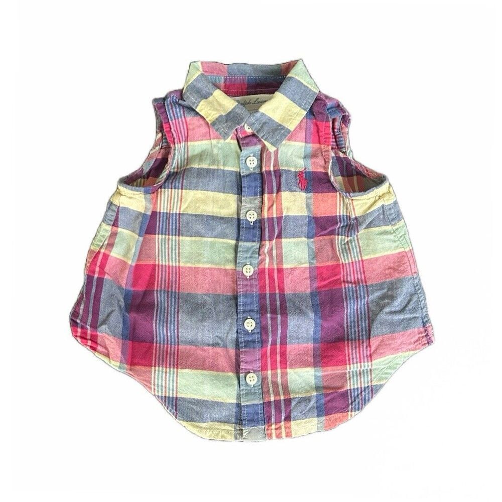 Ralph Lauren Sleeveless Shirt Button‎ Down Multicolor Plaid Baby Girls 9m Months